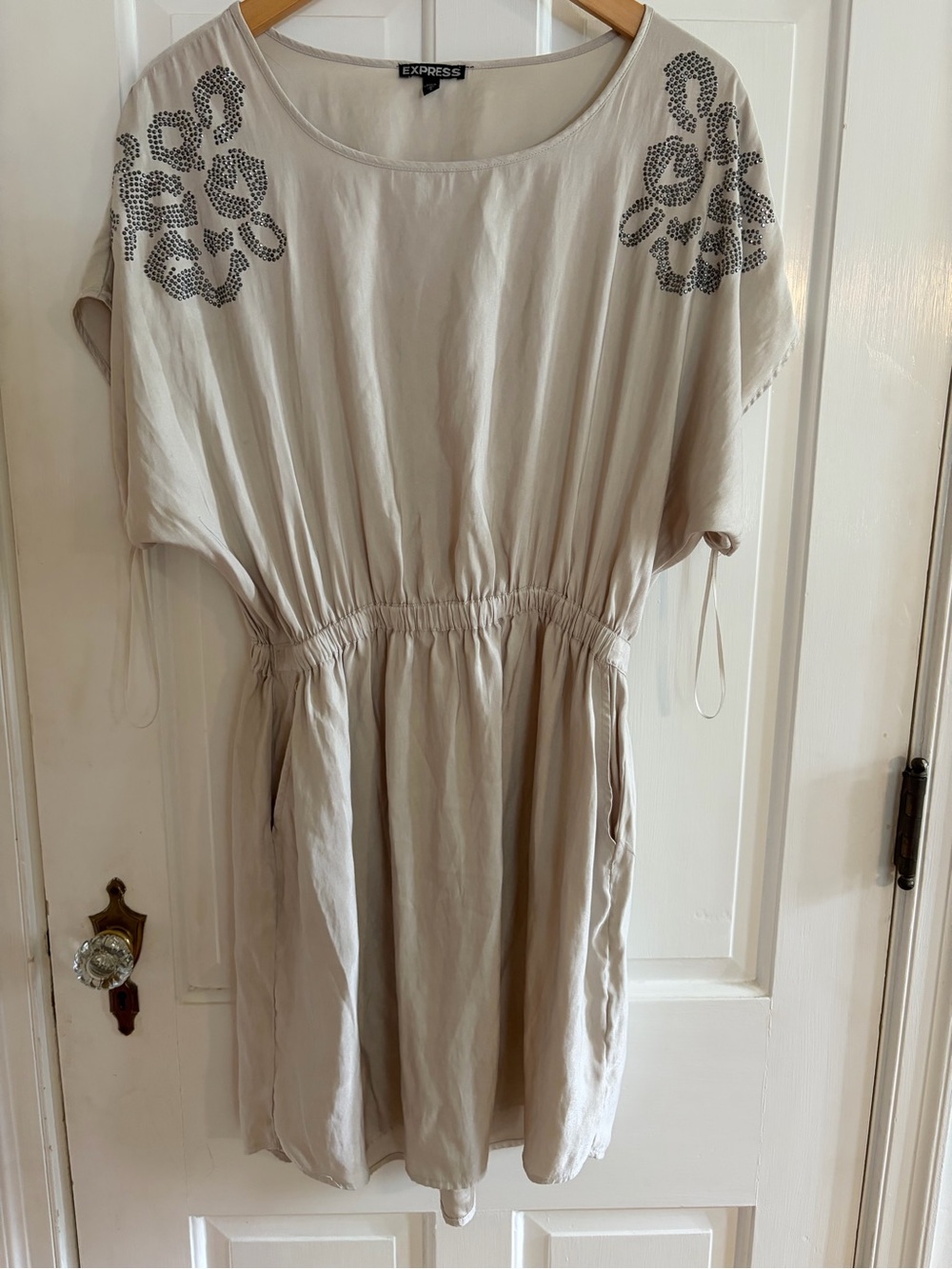 Express Beige Mini Dress Dolman Sleeves Y2K with Embellished Shoulders Large